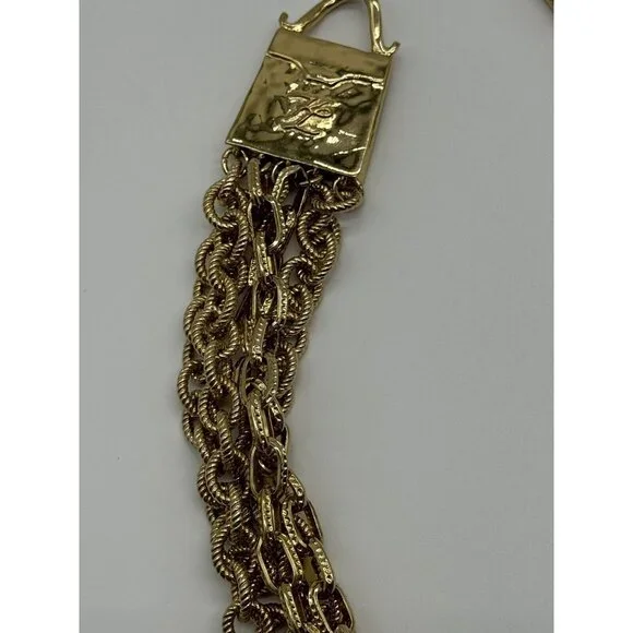 Vintage Karl Lagerfeld Gold Tone Multi Strand Chain Purse Shaped Clasp Necklace